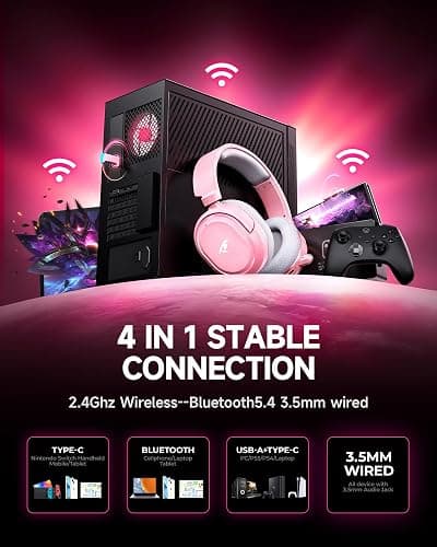 Wireless Gaming Headset, 7.1 Surround Sound, 2.4GHz USB Gaming Headphones with Bluetooth 5.4, 100H Battery, ENC Noise Canceling Mic, RGB Light, Wireless Headset for PC PS5 PS4 Mac Switch (Gray-Pink) thumbnail 7