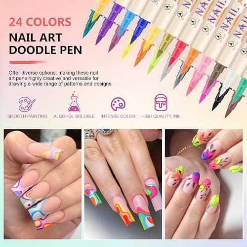 24 Colors Nail Art Pens Set, 3D Nail Polish Pens Quick-Drying Acrylic Paint Markers,For Nail Art Drawing Painting Nail Point Dotting Liner Pen, Nail Design Kit Manicure Tools Home & Salon DIY thumbnail 5