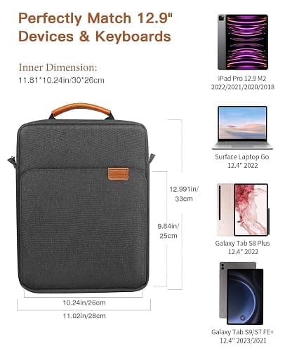 MoKo 12.9 Inch Tablet Sleeve Bag,Fits with 13 Inch New iPad Pro M4 & Air M2 2024,iPad Pro 12.9 M2&M1,Surface Laptop Go 12.4,Galaxy Tab S8+/S9+ 12.4,Handle Carrying Case with Shoulder Strap,Black &Gray thumbnail 2