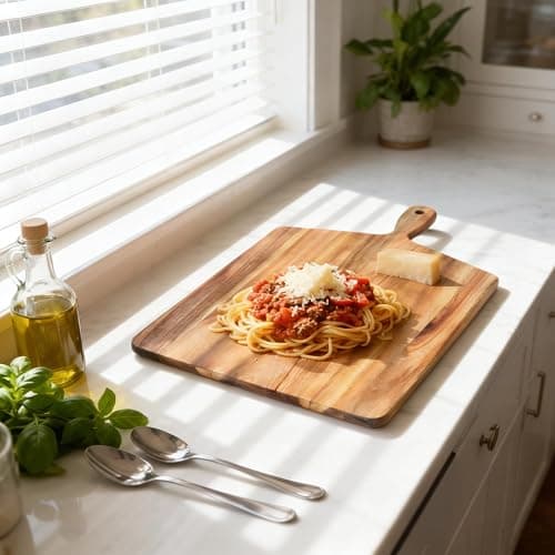 S310 Acacia Wood Cutting Board with Handle, Wooden Chopping Board for Meat, Cheese, Bread & Vegetables, Decorative Charcuterie Serving Board for Kitchen Cooking, Pizza & Party Dining, 17"x13" thumbnail 7