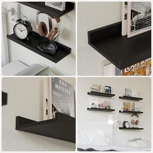 RICHER HOUSE 5 Set Floating Wall Mounted Shelves, Black Shelves for Wall Decor, Modern Picture Ledge Shelf with Lip for Storage, Nursery, Bedroom, Living Room, Bathroom - Black thumbnail 4