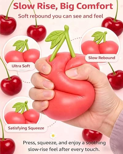 Gytera Giant Cherry Squeeze Toy, Slow Rising Stress Relief Fidget Toy, Cute Fruit Shaped Squishy Fidget Toys for Adults, Anxiety Relief Sensory Toy for Party Favors, Birthday Gifts, Desk Decor thumbnail 3