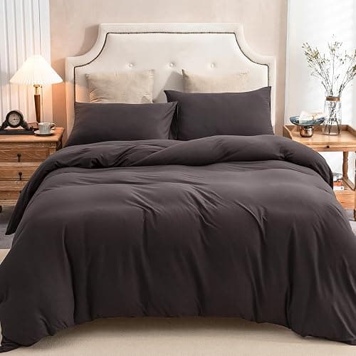 PURE ERA Jersey Knit Duvet Cover Set 100% T-Shirt Cotton Super Soft Comfy 3pc Bedding Set with Zipper Closure (Solid Dark Brown, King) thumbnail 6