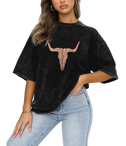 Rodeo Cow Skull Shirts for Women Vintage Western Bull Skull Graphic T-Shirt Retro Cowgirl Oversized Casual Tee Tops - Image 1