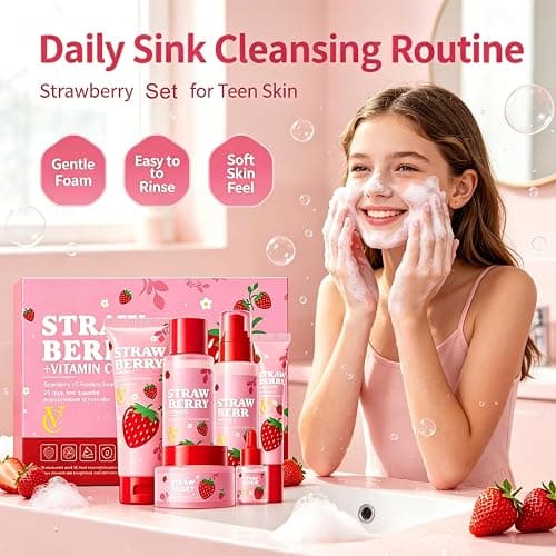 6 Pcs Strawberry Skincare Set for Teens Girls,Gentle Moisturizing Cleansing | Facial Cleanser for Girls 10-12,Daily Skin Care Routine Kit,Teen Girl Gifts Trendy Stuff,Birthday Gifts,Spa day kit for Women thumbnail 3