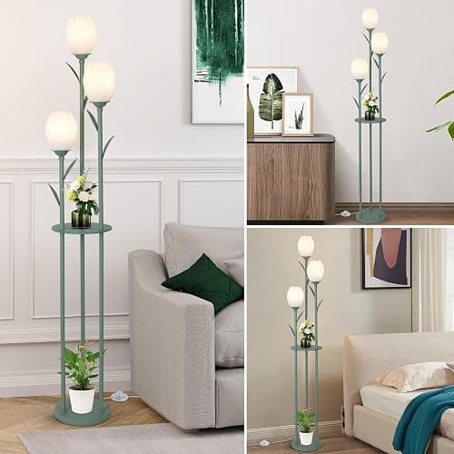 3-Light Flower Floor Lamps for Living Room, Green Floor Lamp with Shelves, Unique Tulip Standing Lamp with 3 LED Blubs, Cute Floral Tall Lamp, Modern Stand Up Light Decor for Bedroom, Kids Room thumbnail 7