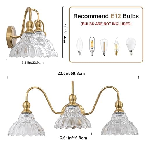 BrkNit Vintage Bathroom Light Fixtures Over Mirror, 3-Light Brass Wall Sconce Lighting with Flower Glass Shade, Farmhouse Vanity Lights for Bedroom Kitchen Living Room Hallway Light thumbnail 4