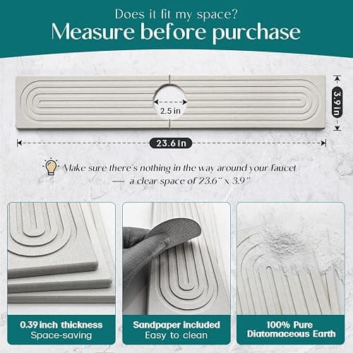 Faucet Mat for Kitchen Sink - 24'' Long Diatomite Fast Drying Stone Sink Tray, Super Absorbent, Prevents Moisture Buildup - Faucet Splash Guard for Bathroom Counter [Light Grey, 23.6" x 3.9"] - Light Grey - 23.6" x 3.9" thumbnail 2
