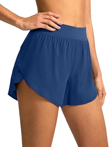 Soothfeel High Waisted Athletic Running Shorts for Women Dolphin Shorts High Split Quick Dry Gym Workout Shorts with Liner - Deep Blue - X-Small