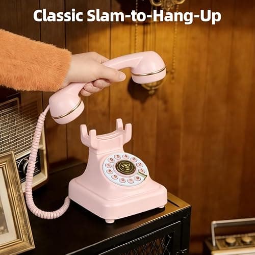 Vintage Bluetooth Phone, Retro Desk Telephone with Gold Accents, Loud Nostalgic Ringtones, Bluetooth Connects to Smartphone for Home & Office, Pink thumbnail 6