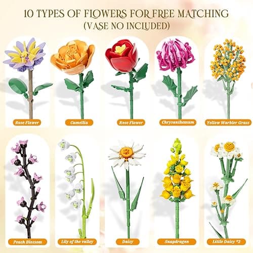 WIDELAND Flowers Bouquet Building Set, 1070PCS Artificial Plant Flower Kit Toy for Adults Kids Women Her, Wildflower Botanical Collection, Home Decor Gift for Birthday, Christmas (No Vase) thumbnail 6