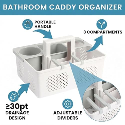 KMV Dorm Room Portable Shower Caddy with Adjustable Compartments - Ventilated Drainage Design with Handles, Perfect Toiletries Organizer for College Dorms-white thumbnail 4