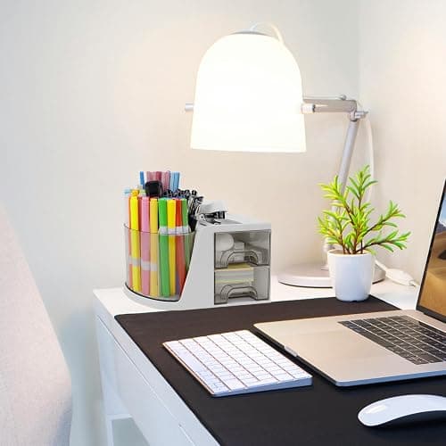 SZDPC Desk Organizer with Rotating Pencil Pen Holder and 2 Small Drawers, Desk Caddy for Office Workspace Organization and Storage (White) thumbnail 6