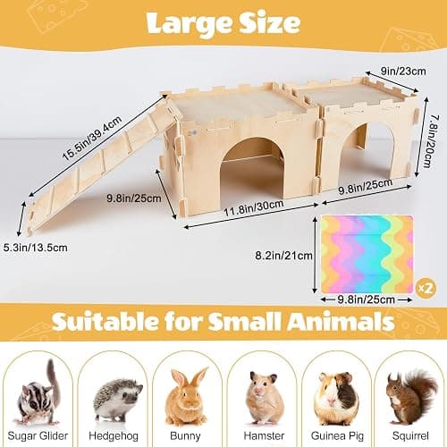 BeBeJoJo Meerschweinchen Versteck Aus Holz,2 Häuser,55x25x20cm,Meerschweinchen Haus Mit Rampe Kaninchenhaus für Kleine Haustiere thumbnail 3