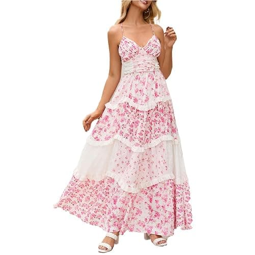 Women Floral Patchwork Maxi Dress V Neck Sleeveless Cross Back Spaghetti Strap Tiered Sundress Summer Long Dress - Image 1