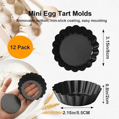 Yamteck 3 Inch Mini Quiche Pans 12 Pack, Round Egg Tart Molds with Removable Bottom. Small Tart Pans w/Non-Stick Coating Rugged Carbon Steel for Tartlets Shells Desert Making Christmas Festival Party thumbnail 3