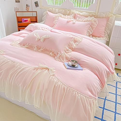 SOUKECHY Chic Lace Bedding,Girls Twin Aesthetic Comforter Cover Set,Romantic French Princess Style Ruffled Duvet Cover with Lovely Bow with Zipper Closure-Pink,Twin Size thumbnail 6