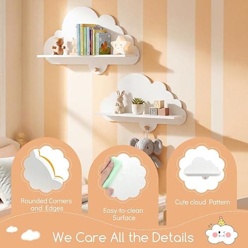 Costzon 2 Pieces Floating Cloud Shelves, Wall Mounted Kids Bookshelf w/Compartments, Cute Corner Bookshelves, Space Saving Wall Shelves for Kid's Room, Nursery, Playroom & Bedroom (White Cloud) thumbnail 6