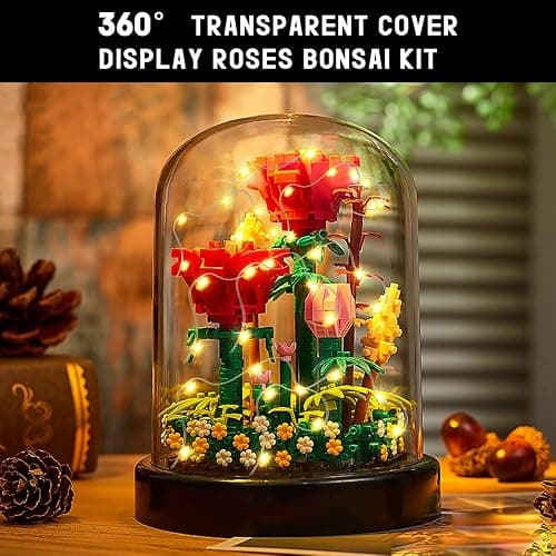 HOGOKIDS Flower Bouquet Building Kit with LED Lighting - 596 PCS Rose Sets with Cover Botanical Building Blocks | Birthday Mini Bricks Valentines Day Gift for Adult Girlfriend Wife (Red Roses) thumbnail 4