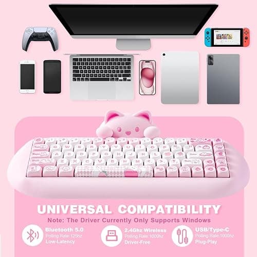 YUNZII C68 Wireless Mechanical Keyboard,65% Layout,Hot Swap,Triple Mode BT5.0/2.4G/Wired, RGB Backlit NKRO,Cute Cat Silicone Ergonomic Design for Win/Mac (Pink, Milk Switch) thumbnail 3