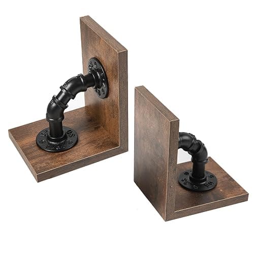 Rustic Decorative Wooden Tabletop Farmhouse Bookends for Heavy Books with Modern Industrial-Style Pipe Office Desktop Bookshelf Organizers Stoppers Holder Nonskid Shelf Decor 1-Pair (Dark Brown) thumbnail 5