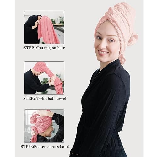 ROLSHOL 2 Packs Large Microfiber Hair Towels for Women, Super Absorbent & Quick Dry Hair Towel Wrap for Curly Long & Short Hair- Anti-Frizz Hair Turbans for Wet Hair（Coral Pink & Pink） - 27.5''*39.4'' thumbnail 3