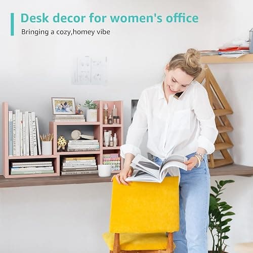 NUTIKAS Desk Shelves Desktop Orgnizer Shlef - Pink Office Organization for Top of Desk Organizers and Accessories Corner Bookshelf Table Top Shelving Small Hutch Decorations for Office thumbnail 7