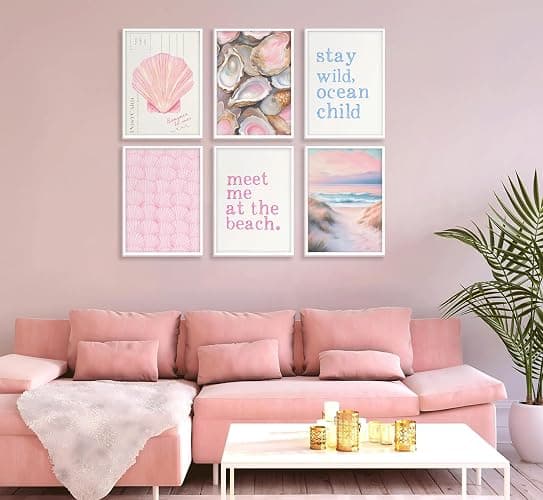 Pink Beach Preppy Wall art Coastal Granddaughter Aesthetic Room Painting Picture Wall Decor Shells Oyster Poster Print Artwork for Girls Room Girls Dorm Home Decoration thumbnail 2