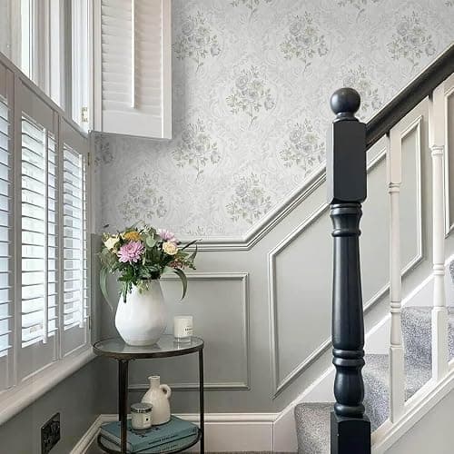 Ismoon Floral Peel and Stick Wallpaper Vintage White and Grey Contact Paper Boho Watercolor Damask Wallpaper Textured Removable Self Adhesive Vinyl Wall Paper for Bedroom, 17.3 in X 6.5 ft thumbnail 8