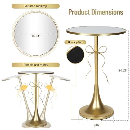 Aoligrace Gold Metal Side Table, Retro Bow Pedestal End Table with Mirror Tabletop, Decorative Martini Drink Table for Small Space, Living Room, Couch, Patio thumbnail 2
