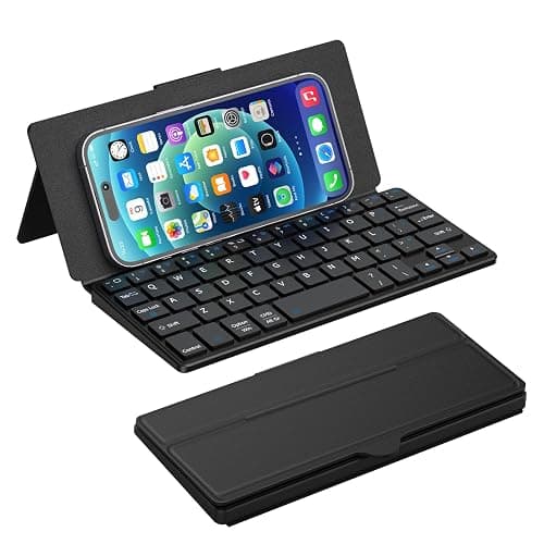 Doohoeek Universal Bluetooth Keyboard for Samsung Galaxy Z Fold, iPad mini 7 2024 & Phones, Dual Bluetooth Mini Keyboard with Any-Angle Kickstand & Leather Cover for Android, Windows and iOS - Image 1