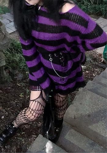 URAWESO Goth Y2K Striped Sweater Ripped Punk Gothic Long Sweaters for Women Harajuku Aesthetic Halloween Pullover Tops thumbnail 5