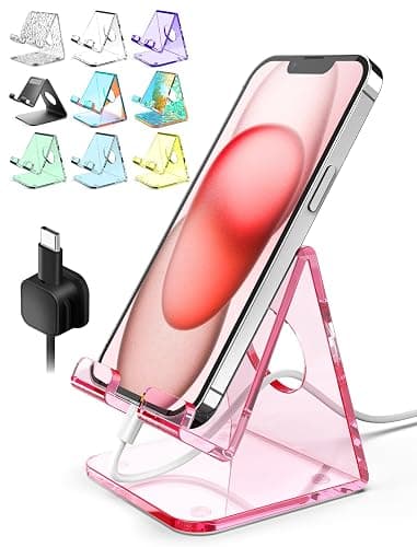 TOPGO Acrylic Cell Phone Stand, Clear Phone Holder for Office Desk, Vanity, Kitchen Counter, Bedside Table, Compatible with iPhone 17 16 15 14 13 12 Pro Max Plus/Smartphones/iPad/Switch/Kindle(Pink) - Image 1