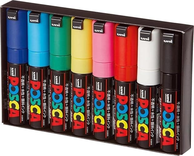 Authentic Posca Marker Set, 8 Professional Grade Posca Markers with 8K Broad Chisel Tips - Image 1