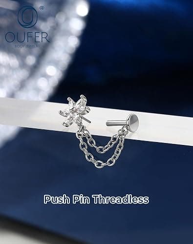 OUFER Flowers Helix Stud Dangly Chains Conch Tragus Piercing Jewellery 16G 6mm Threadless Forward Helix Jewelry Gold Silver Flat Back Cartilage Earrings Stud for Women thumbnail 4