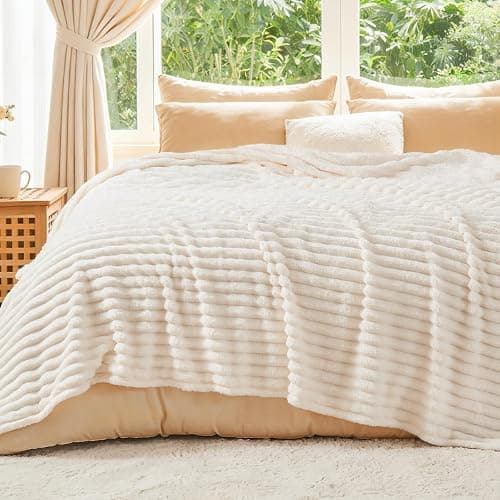 BEDELITE King Size Blanket for Bed, 300GSM Soft & Warm Fleece Blanket, Decorative and Giftable Striped Cream White Blankets for Women, Men, 108"x90" - Image 1