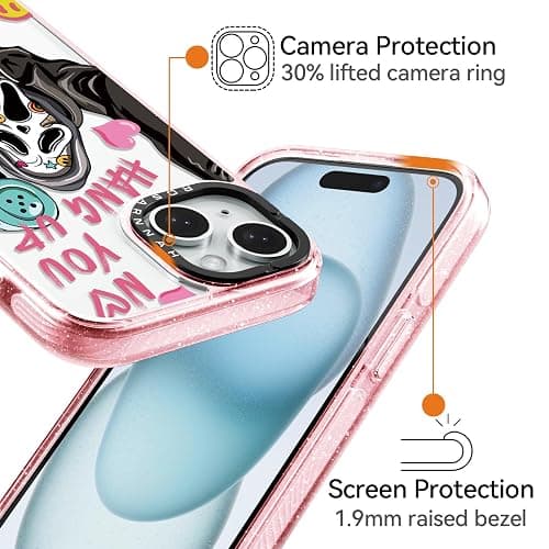 Rosarnnah Compatible for iPhone 15 Case Cute - Durable Shockproof 6.6 ft Drop Impact Phone Case - Funny Skeleton Design for iPhone 15 6.1" Glitter Pink thumbnail 3
