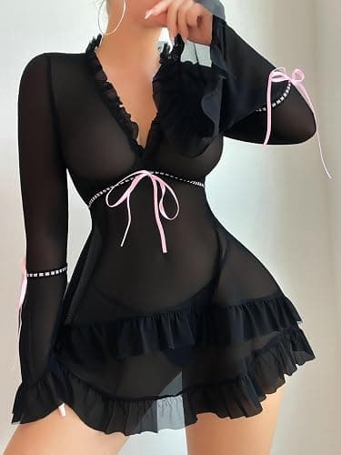 Verdusa Women's 2 Piece Babydoll Bow Lingerie Set Sheer Mesh Ruffle Long Sleeve Dress with Thong thumbnail 5