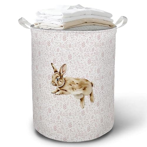 TAZSWDMM Pink Floral Bunny Laundry Basket Hamper, Bunny Nursery Decor, Pastel Wildflower Rabbit Foldable Clothes Toys Books Storage Box Bins Baskets Organizer for Girls Kids Bedroom Bathroom - Image 1