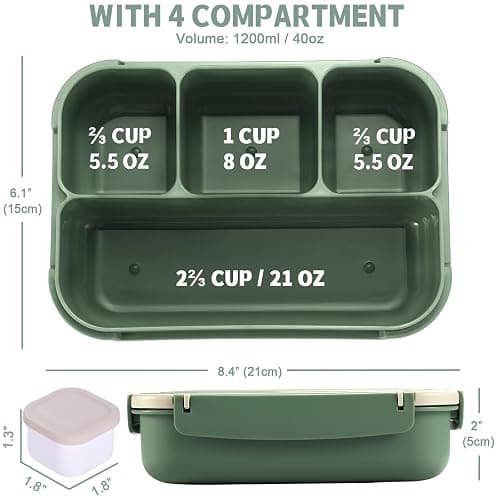 Bento Box Adult Lunch Box, Lunch Containers for Kids Girls Boys with 4 Compartments, Lunchable Food Container with Utensils, Sauce Jar, Muffin Liners, 40 Oz/5 Cup, Microwave & Dishwasher Safe, Green thumbnail 3