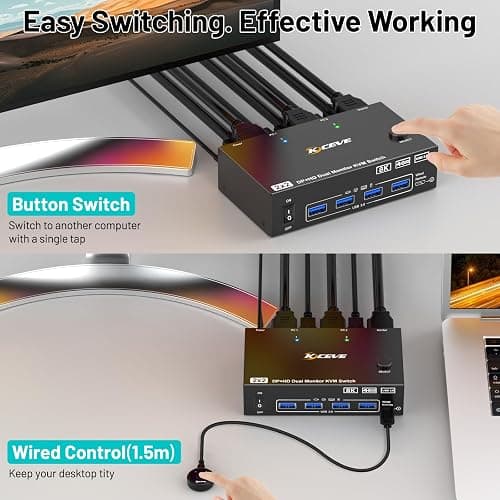 4K@144Hz KVM Switch 2 PC 2 Monitor 8K@60Hz,MLEEDA HDMI+Displayport Commutateur KVM Dual Monitor pour 2 Ordinateurs Partagés 2 Moniteurs et 4 Ports USB3.0,Télécommande Filaire et USB Câbles thumbnail 5