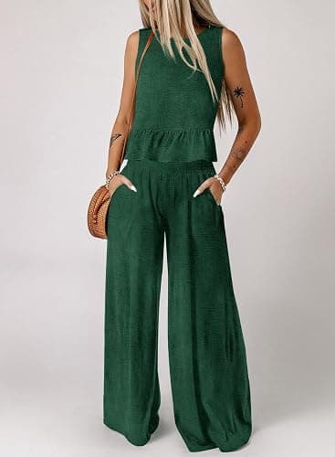 Dokotoo Pants Sets Women 2 Piece Outfits Sleeveless Round Neck Tank Tops Matching Sets for Women Elastic Waist Wide Leg thumbnail 3
