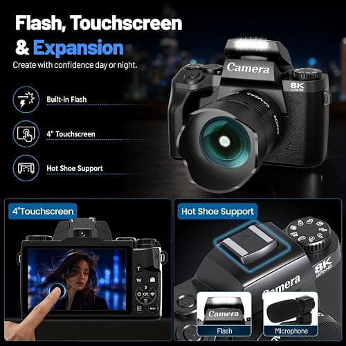 Cameras for Photography, 64MP Dual Lens Vlogging Camera & 32GB Card (Black) | 8K Digital Camera with 4" Touch Screen, LED Fill Light, 3000MAh Battery, Lens Hood, Hot Shoe & 32GB TF Card thumbnail 5