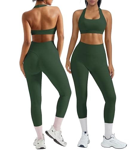 OMKAGI 2 Piece Workout Sets for Women Halter Sports Bras Gym Sets Booty Leggings Outfits - Image 1