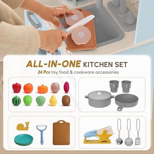 BIERUM Play Kitchen w/Realistic Lights, Sounds, Pretend Play Set for Kids | Interactive Wooden Kitchen with Coffee Maker & Microwave, 24 Pcs Toy Food & Cookware Accessories, Toddlers Gift for Ages 3+ thumbnail 4