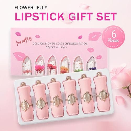 firstfly Pack of 6 Crystal Flower Jelly Lipstick, Long Lasting Nutritious Lip Balm Lips Moisturizer Magic Temperature Color Change Lip Gloss (Pink) thumbnail 2