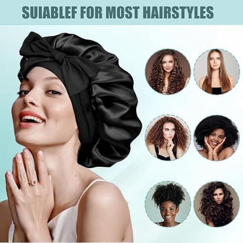 2Pcs Silk Bonnet for Sleeping, Satin Bonnet with Tie Band for Curly Hair Braid Women Black thumbnail 5