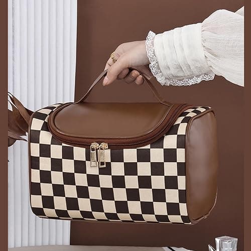 FEEZUSH Makeup Bag, Travel Portable Checkered Pattern Cosmetics Skincare Storage Bag (Brown) thumbnail 7
