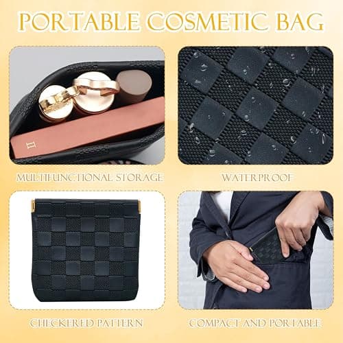 2 PCS Small Makeup Bag for Women, Small Pouches for Purse,Mini Checkered Cosmetic Bag Waterproof Pouch for Travel Storage bag, for Cosmetics Headphones Jewelry Cosmetic Lipstick Coins (Black, Beige) thumbnail 4
