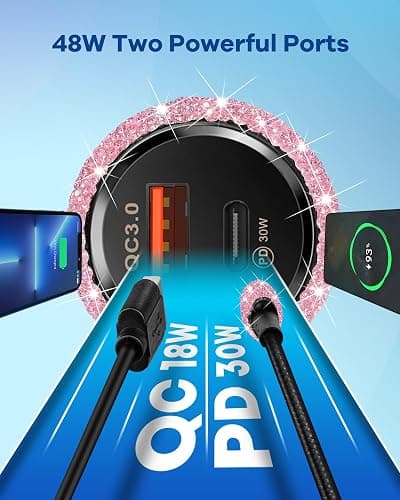 Bling USB C Car Charger, 48W PD QC Dual Port Fast Adapter with 3.2FT USB Type-C Charging Cable Compatible with iPhone 17 16 15 Pro Max iPad Samsung Galaxy Android(Pink) thumbnail 4